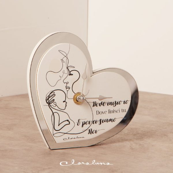 Orologio cuore in specchio e legno bianco Claraluna