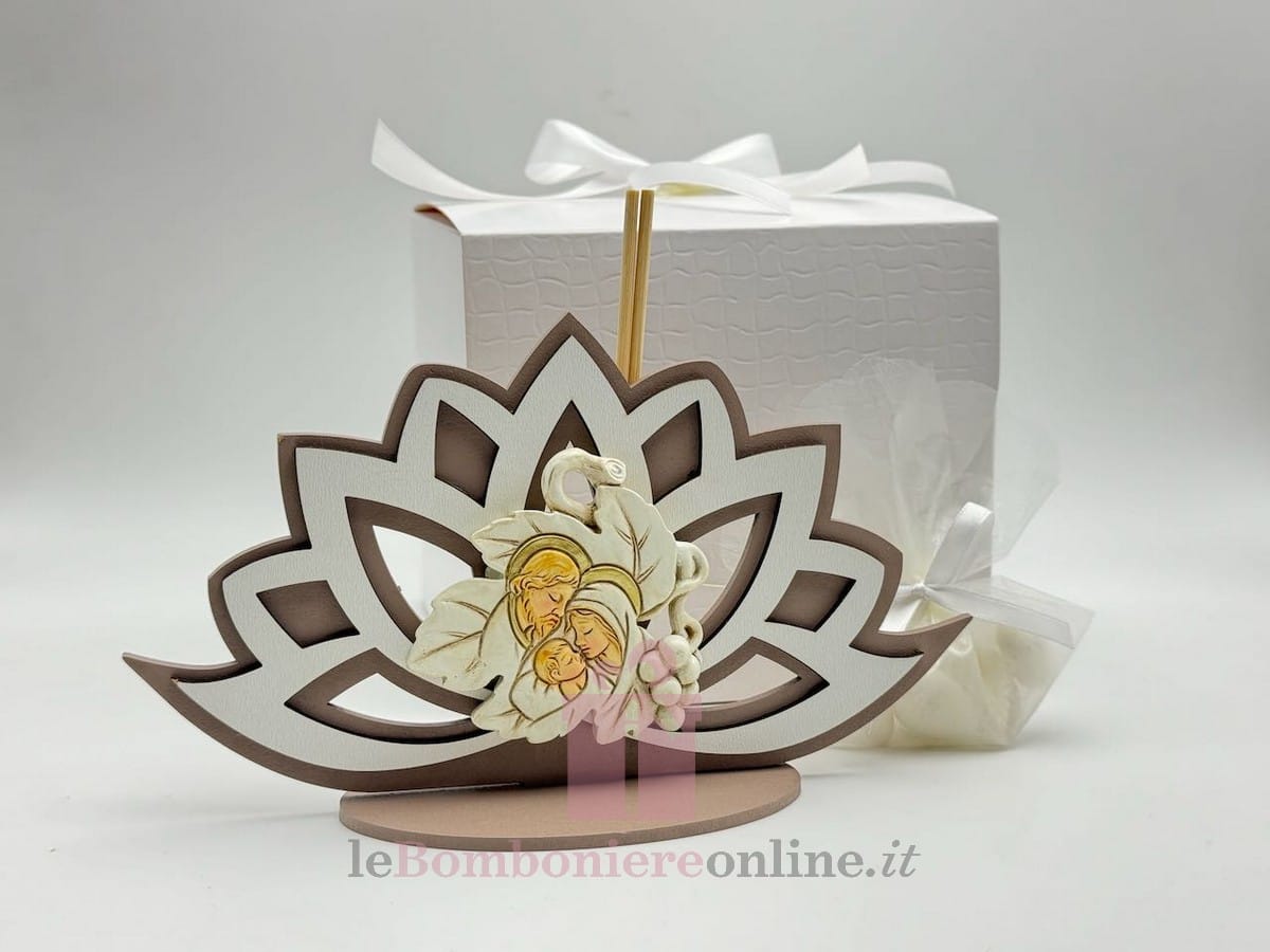 Ingrosso e Risparmio Icona con raffigurazione della Sacra Famiglia, con alle Spalle Inserto in Legno, bomboniere Battesimo, cresima,Prima Comunione